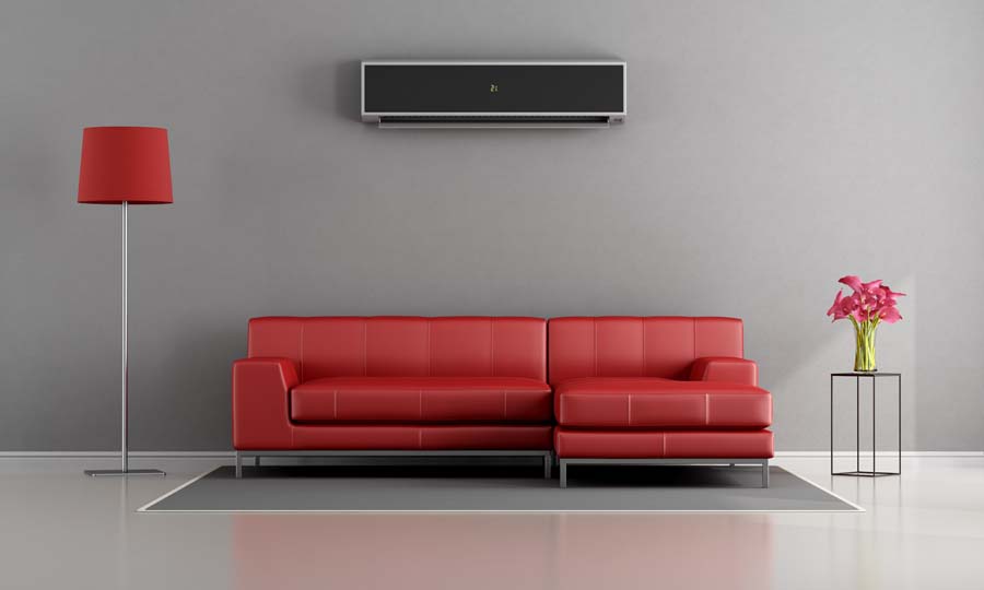 Living room with red sofa and air conditioner - 3d rendering.