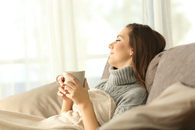 Portrait of a pensive woman relaxing sitting on a sofa in the living room in a house interior in winter enjoying her zone control system|