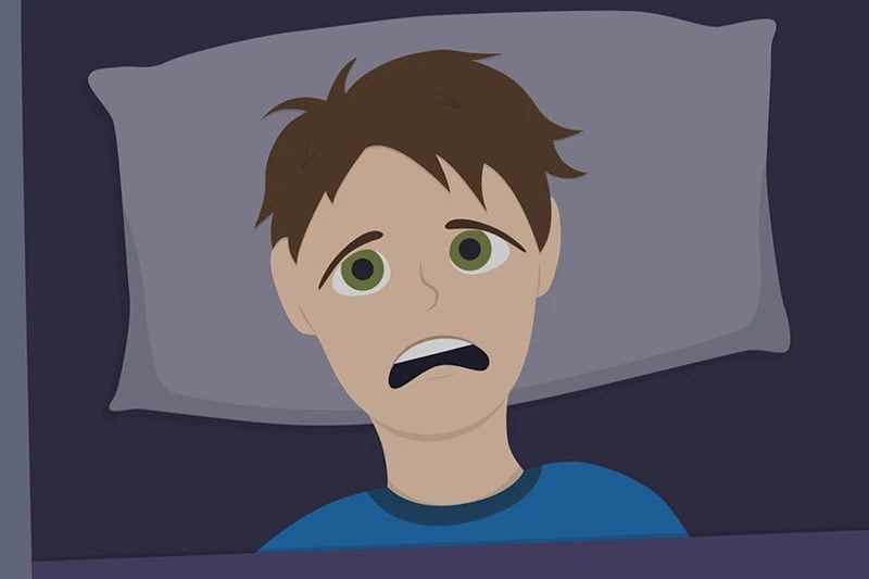 HVAC noises.|Why Is My HVAC Unit Making Unusual Noises? Image shows animation of man looking scared while laying in bed.